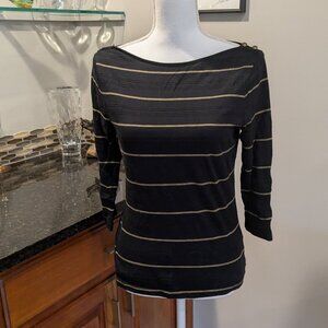 Lauren Ralph Lauren Striped 100% Cotton Boat Neck T-Shirt with Shoulder Buttons